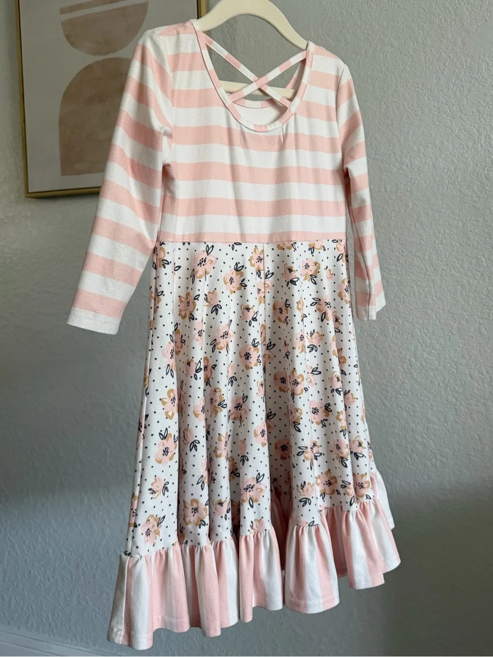 Girls' Pink Striped & Floral Ruffle Dress with Criss-Cross Back